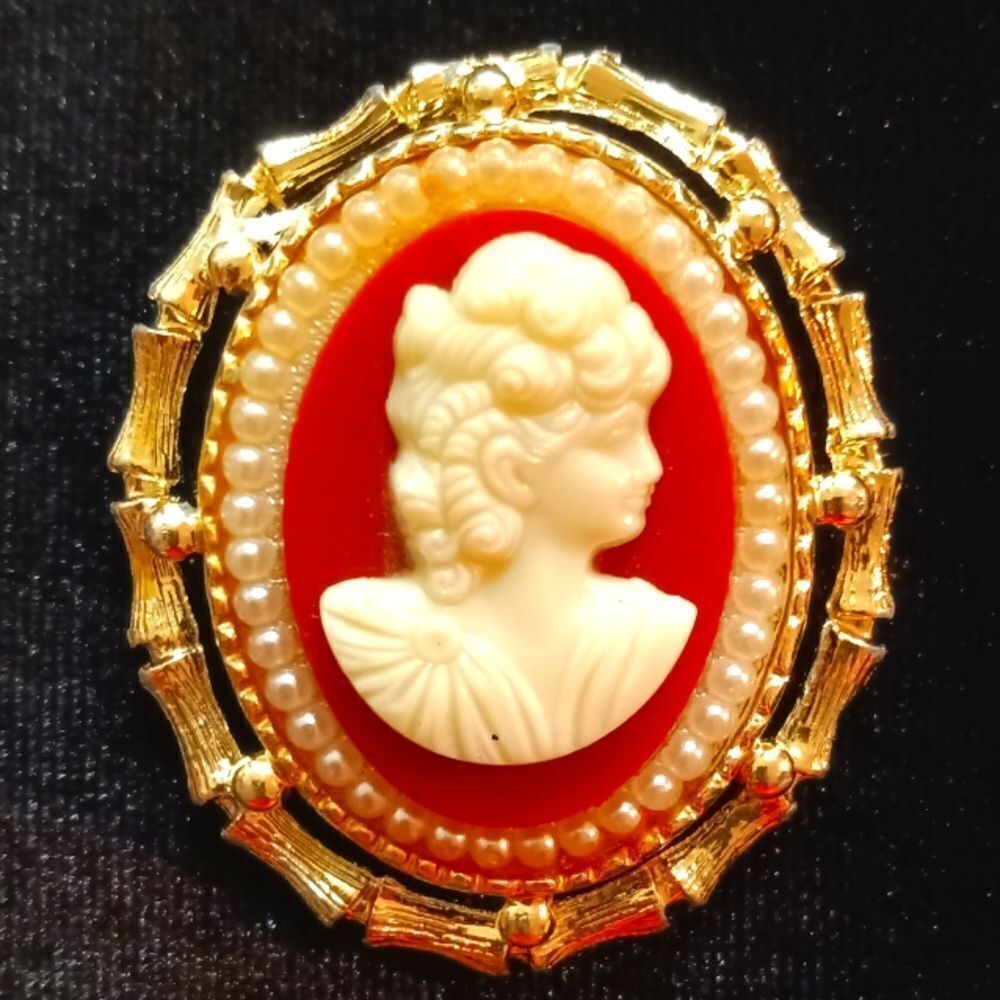 Western Antique Jewelry. Classic Cameo Ladies Bamboo Edge Pin - Picture 2 of 5